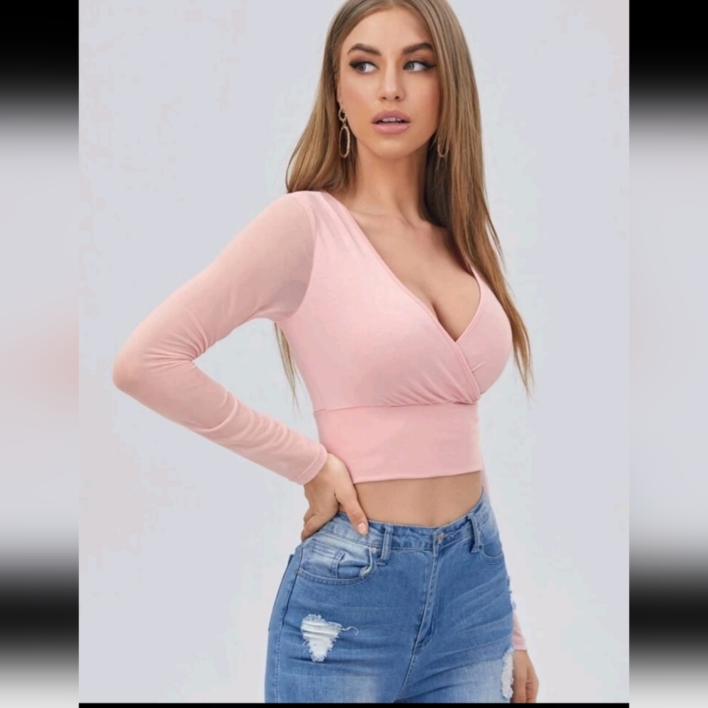 Long Sleeve Pink Wrap Crop Top